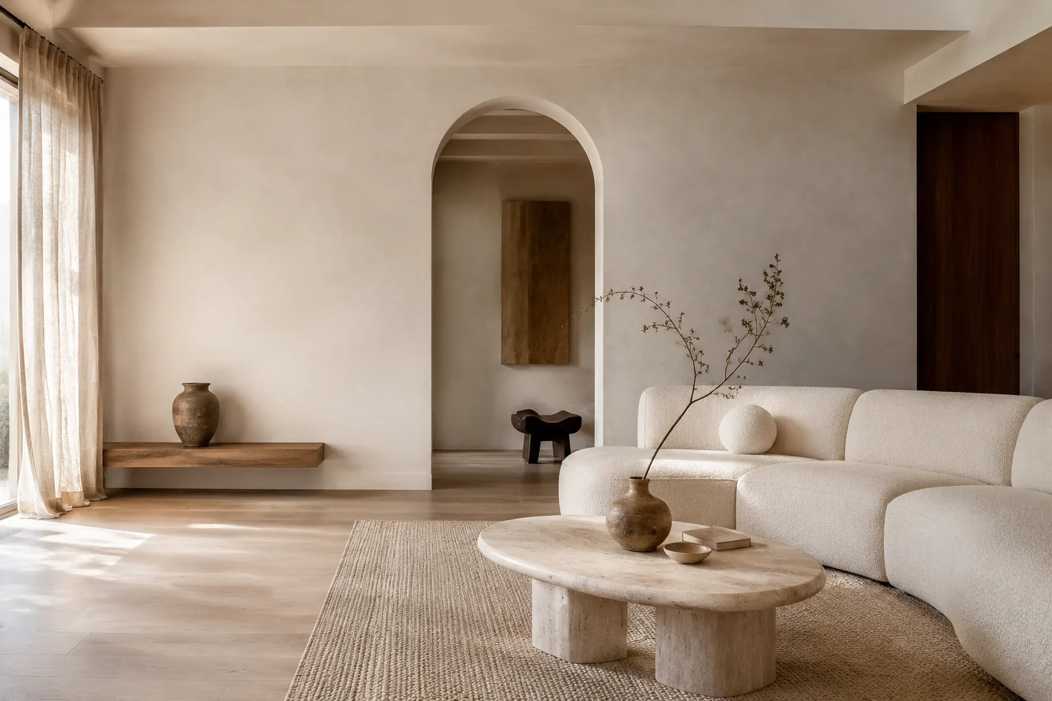 Salón luminoso de Atelier Noma con tonos neutros y mobiliario natural