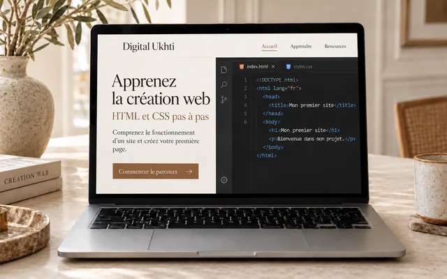 Ordinateur affichant une leçon de création web et du code HTML