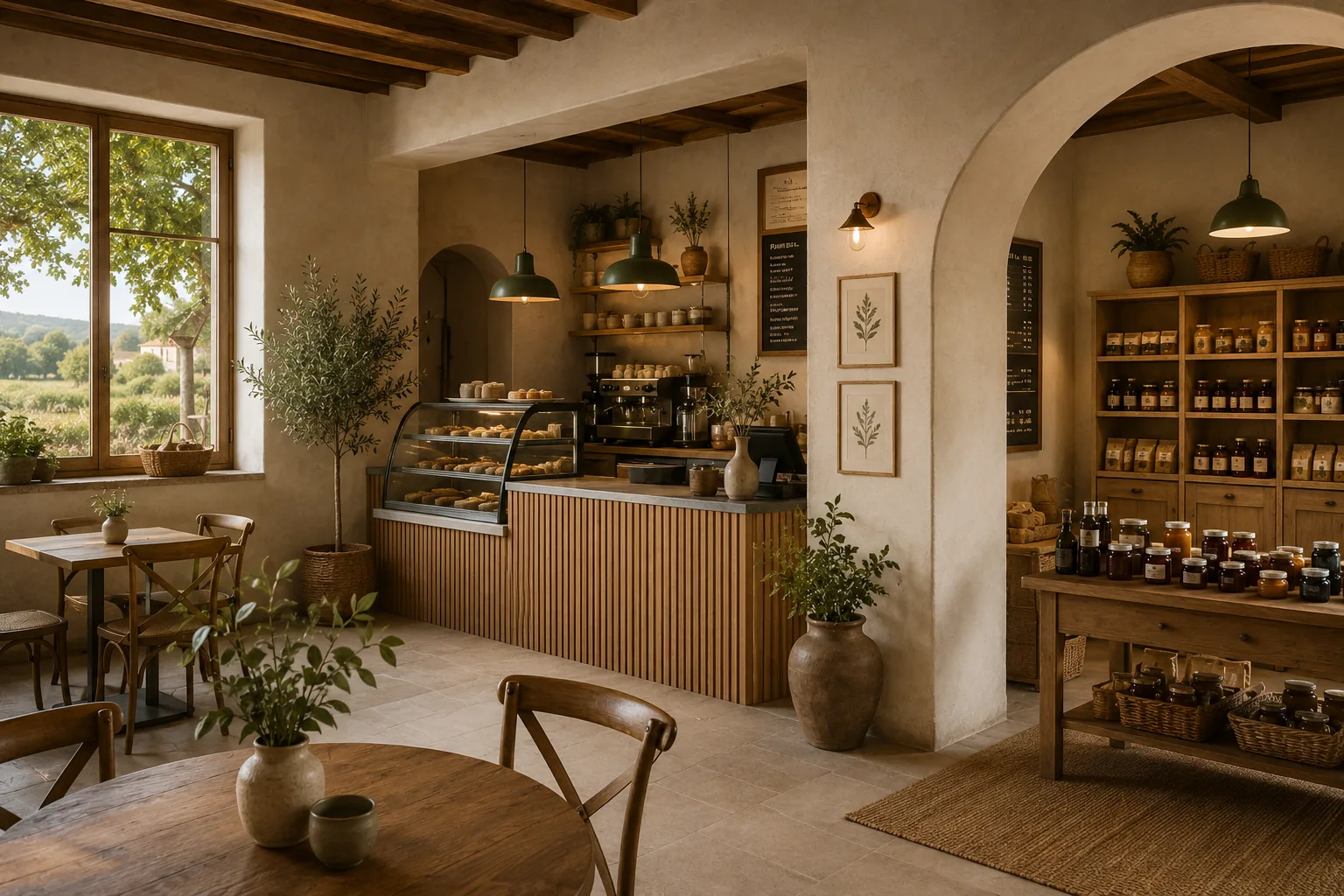 Interior cálido de la cafetería y tienda La Prun