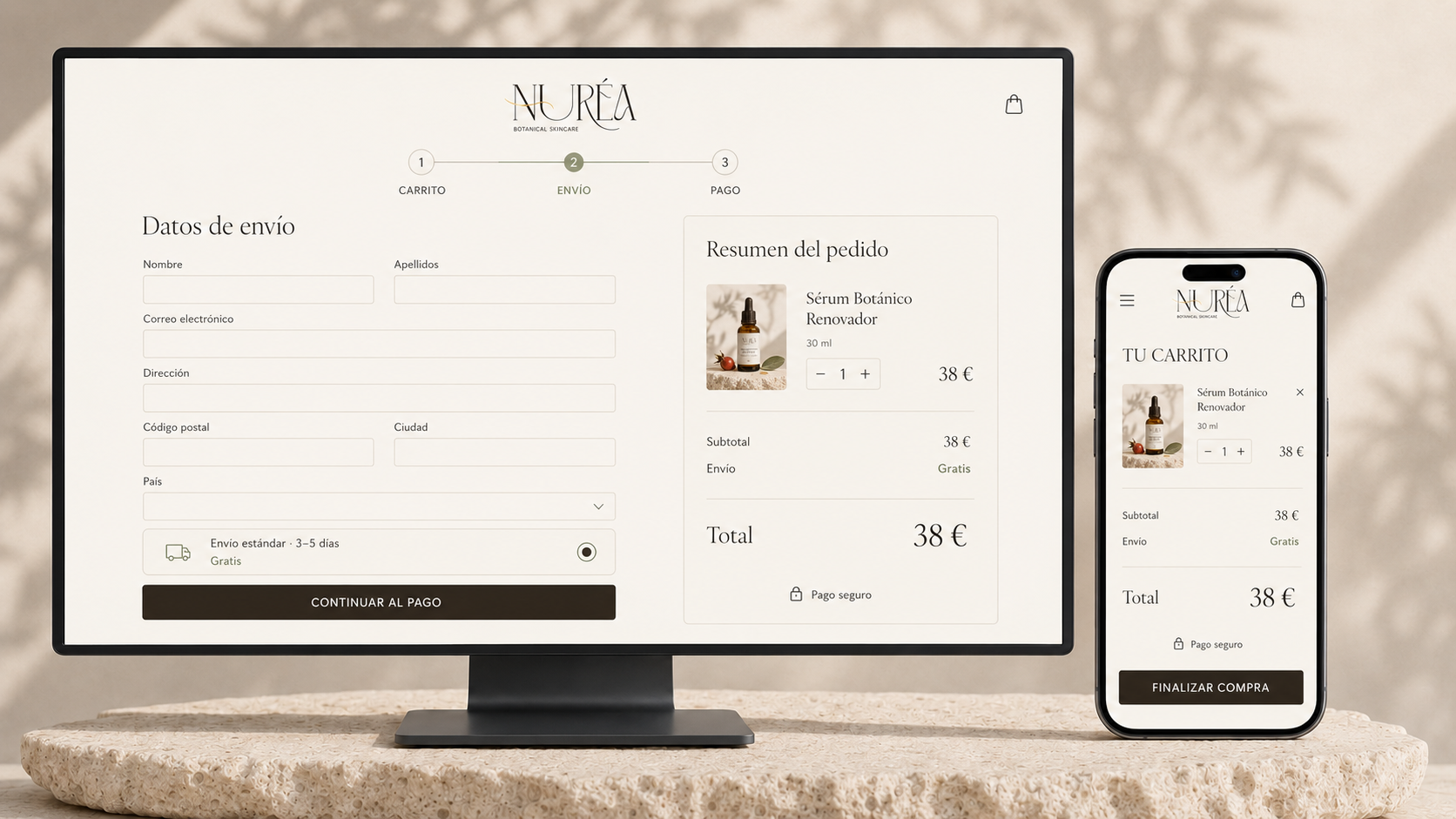 Carrito y checkout responsive del e-commerce NURÉA