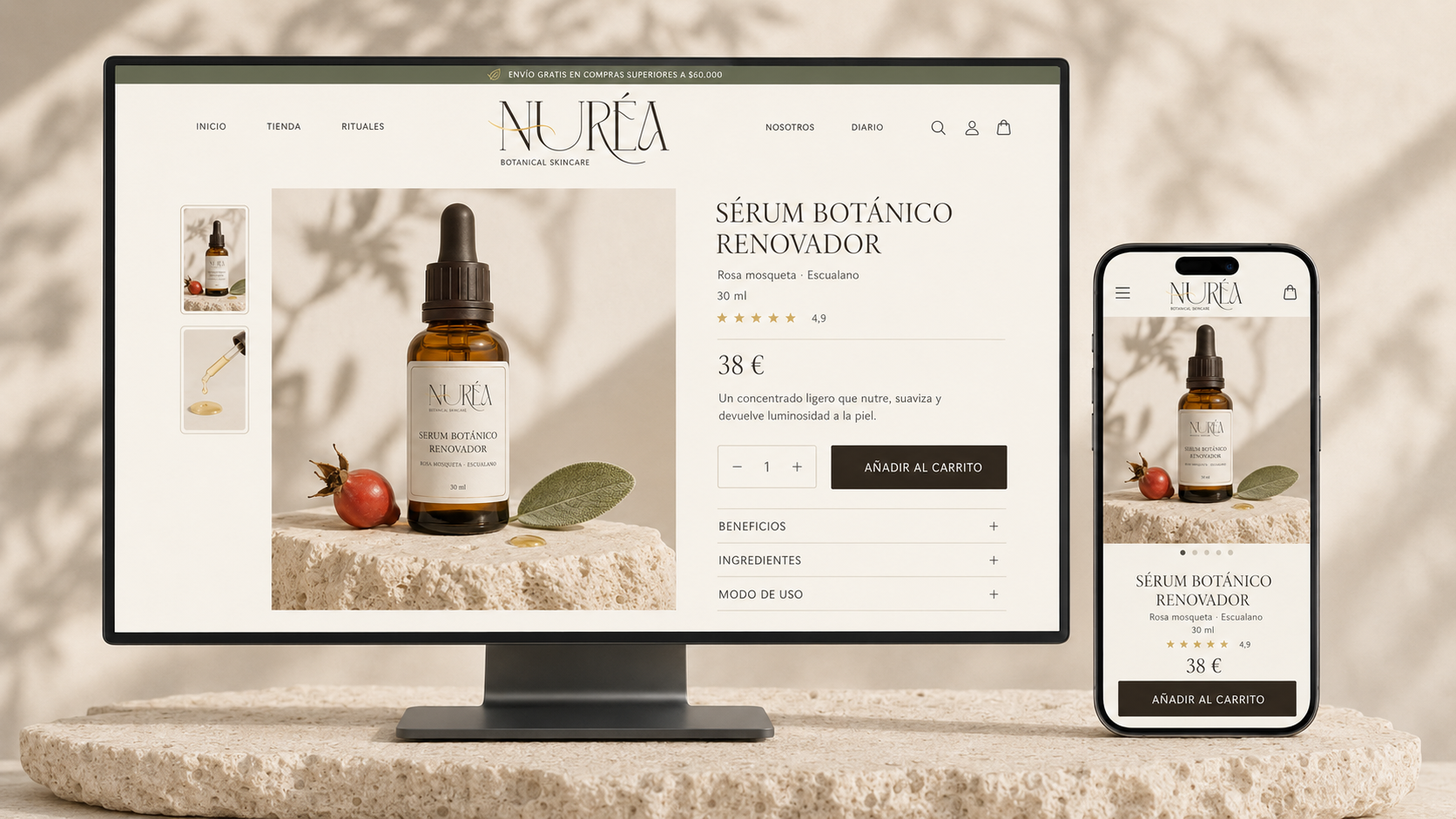 Ficha de producto responsive del e-commerce NURÉA